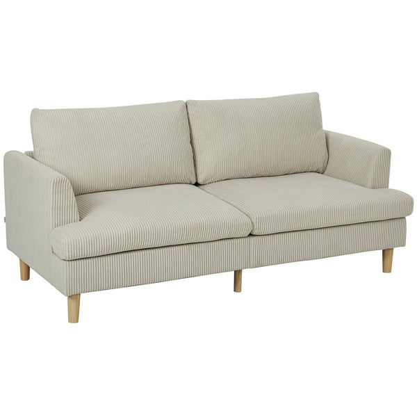 Three-seater sofa upholstered in modern corduroy, thick spring cushions, solid wood legs and armrests, beige