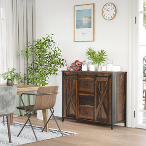 Industrial buffet with sliding barn doors, three drawers, and adjustable shelves, rustic brown