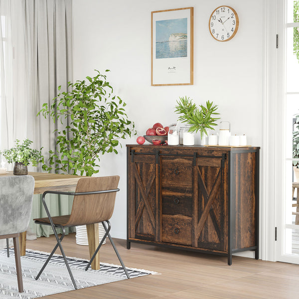 Industrial buffet with sliding barn doors, three drawers, and adjustable shelves, rustic brown