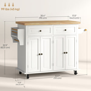 Kitchen island with storage, rolling with rubberwood top, spice rack, towel rack, cream white