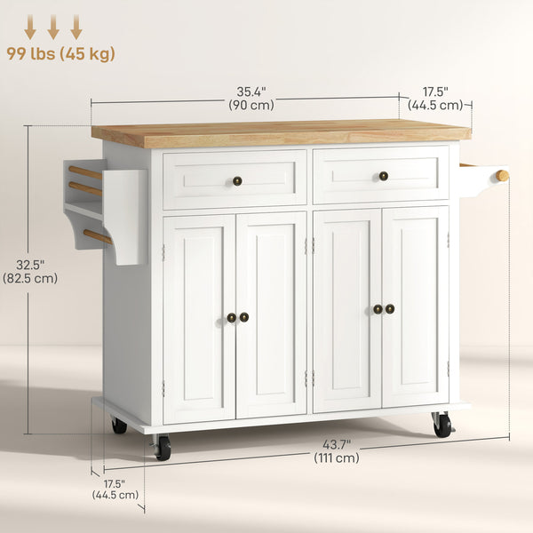 Kitchen island with storage, rolling with rubberwood top, spice rack, towel rack, cream white