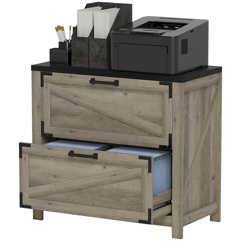 Country Style 2-Drawer Filing Cabinet with Adjustable Hanging Bars for Letter, A4, Legal Size, Grey