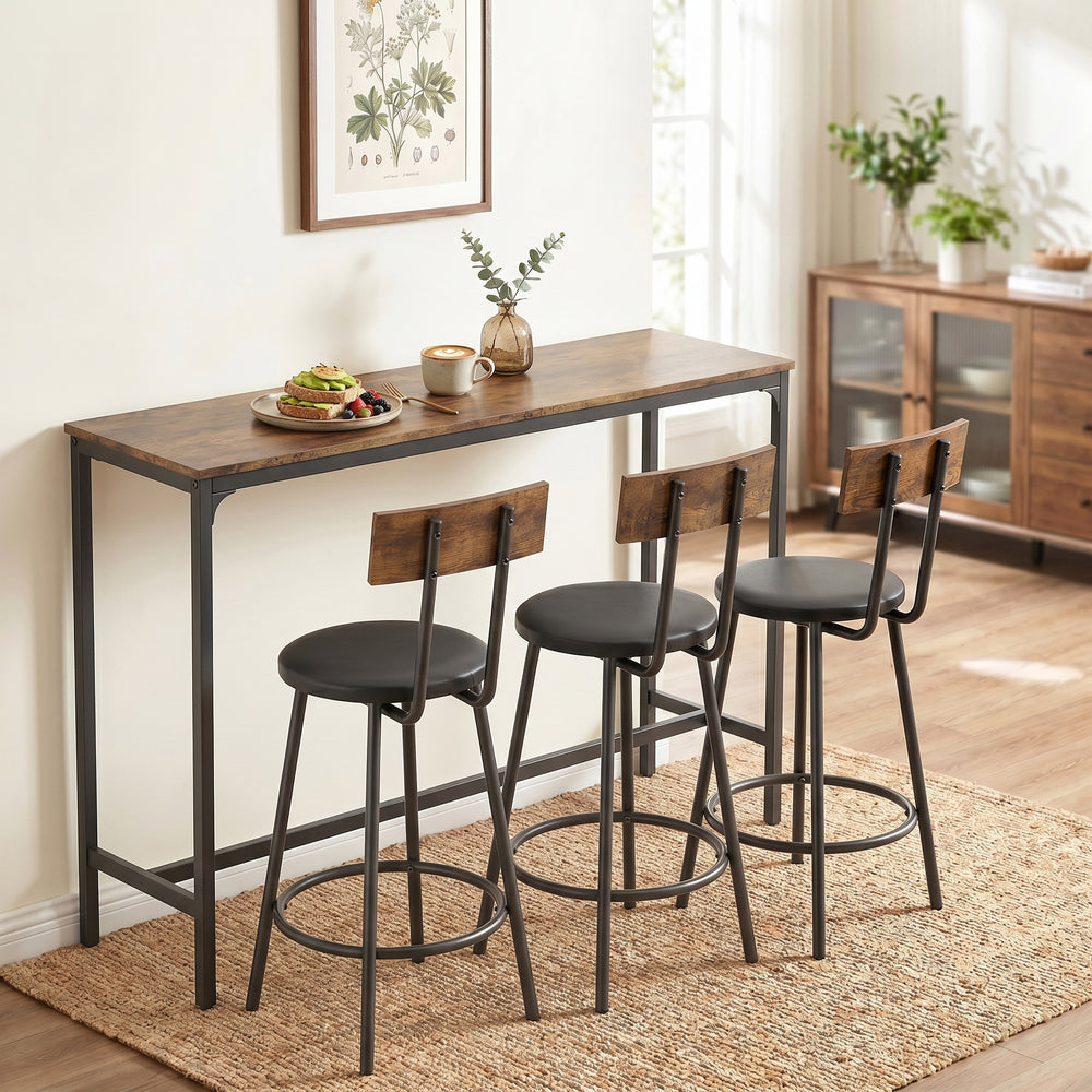 Bar table with 3 padded stools, rustic brown