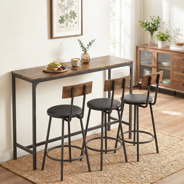 Bar table with 3 padded stools, rustic brown