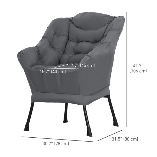 Modern accent chair with side pockets and solid steel legs, gray