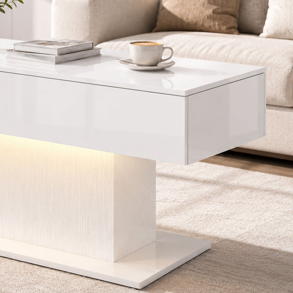 LED Coffee Table with Storage, High Gloss with 2 Drawers and Remote Control for Living Room, White