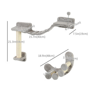 Wall-mounted cat shelf with scratching post, flexible ladder and play ball, grey 