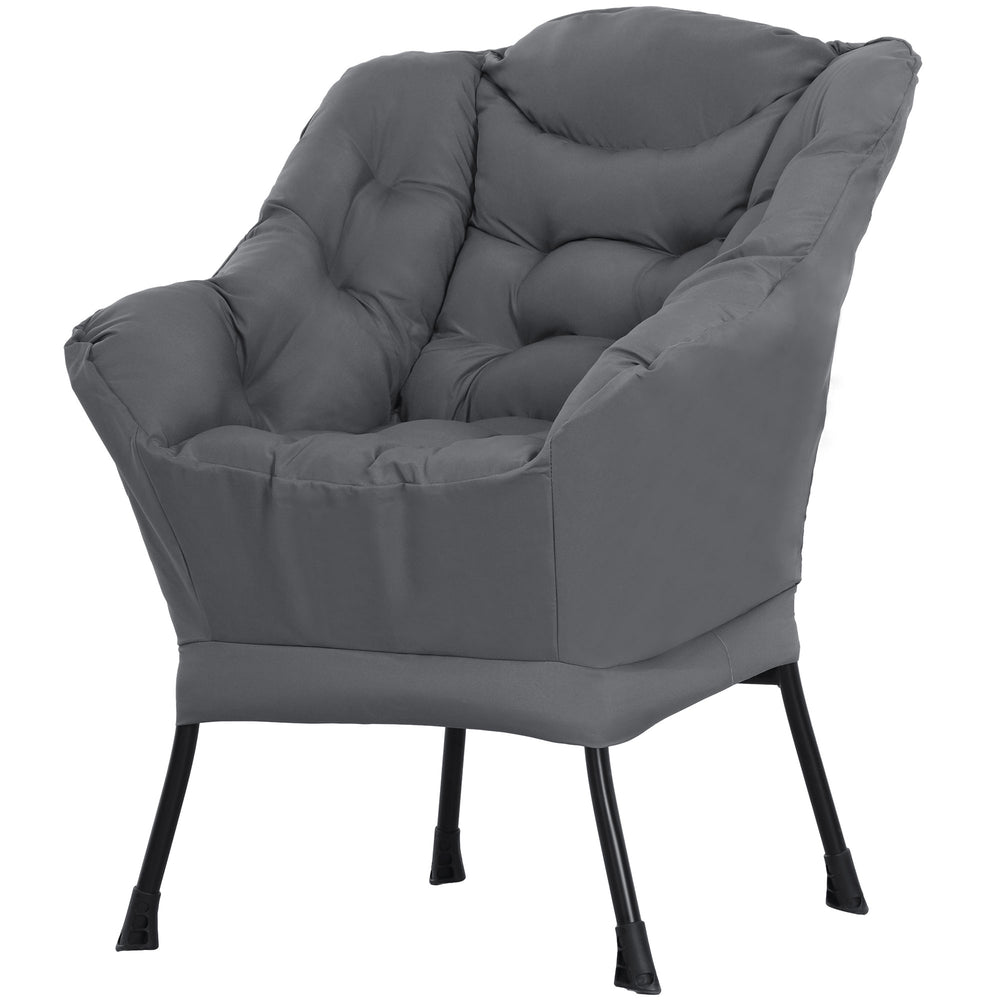Modern accent chair with side pockets and solid steel legs, gray