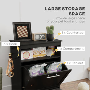 Black food storage cabinet with elevated bowls
