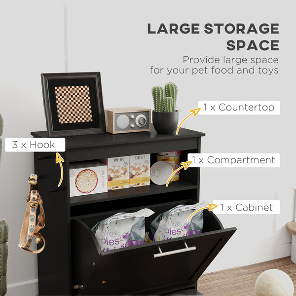Black food storage cabinet with elevated bowls