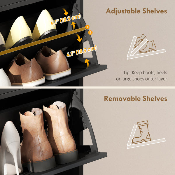 Shoe cabinet with 2 large tilt-out drawers in country style with 2 top compartments, black