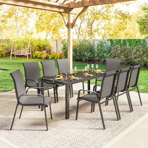 9-piece patio set with stackable chairs and glass tabletop for garden, patio, or yard, dark grey 