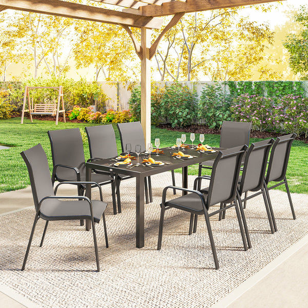 9-piece patio set with stackable chairs and glass tabletop for garden, patio, or yard, dark grey 