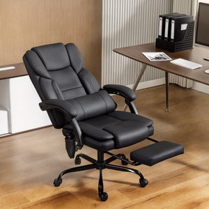 Office chair with massage function in faux leather with lumbar support and footrest, black