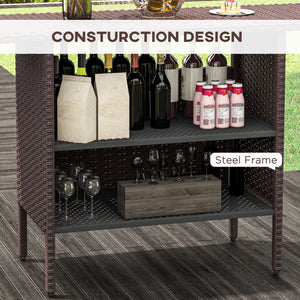 Outdoor rattan bar table with 2 storage shelves, brown
