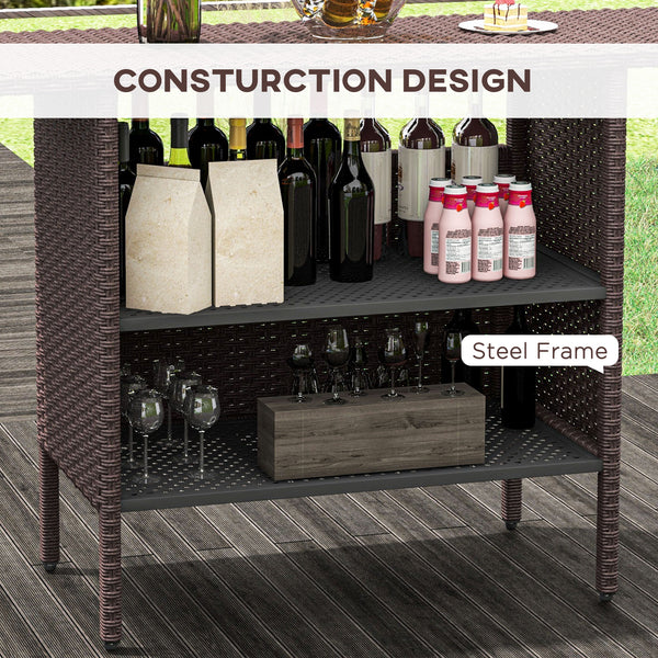 Outdoor rattan bar table with 2 storage shelves, brown