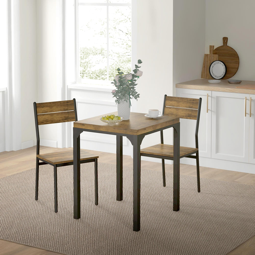 2-person table and chairs set, 3 pieces with metal legs, rustic brown color.