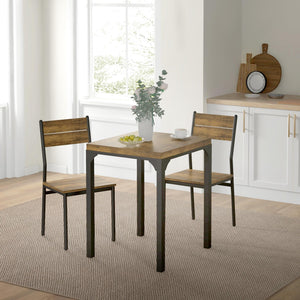 2-person table and chairs set, 3 pieces with metal legs, rustic brown color.