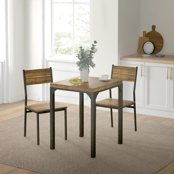 2-person table and chairs set, 3 pieces with metal legs, rustic brown color.