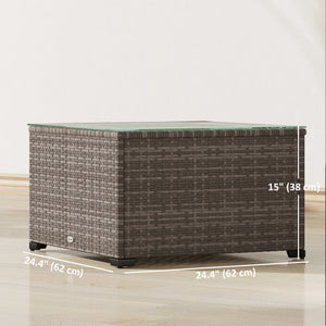 24.4" Patio Wicker Coffee Table, PE Rattan Outdoor Side Table with Tempered Glass Top, Black