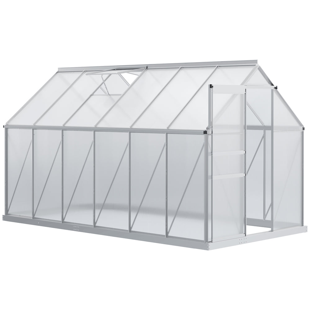 Polycarbonate greenhouse with adjustable roof ventilation and sliding door, transparent