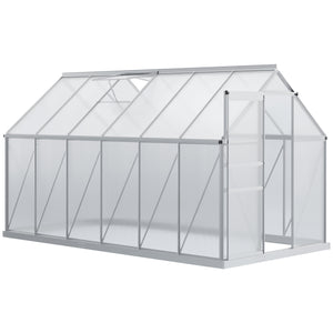 Polycarbonate greenhouse with adjustable roof ventilation and sliding door, transparent