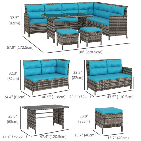 6 Piece Outdoor Rattan Sofa Set with Dining Table and Chairs Sky Blue