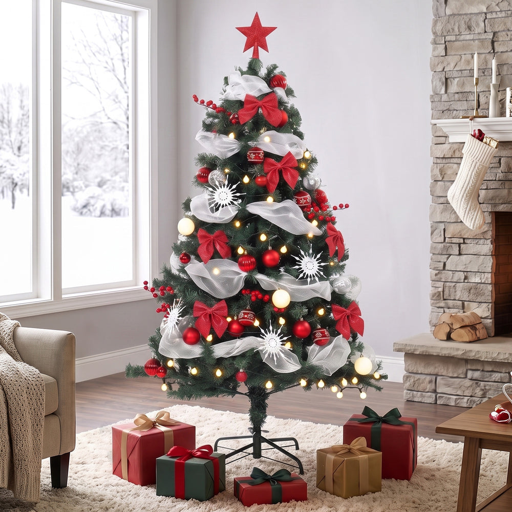 5 ft. Pre-lit Christmas Tree with 150 LED Lights and Red and White Decorations