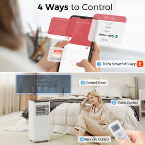 4-in-1 10,000 BTU Portable Air Conditioner with Cooling, Dehumidification, Fan, Sleep Mode, Wi-Fi Voice Remote Control, White