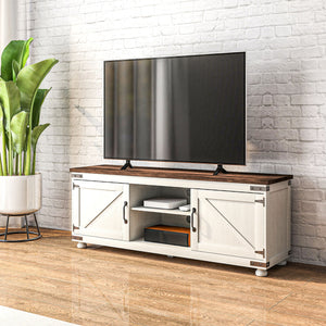Farmhouse TV Stand for TVs up to 65 inches, with Barn Doors, Distressed White