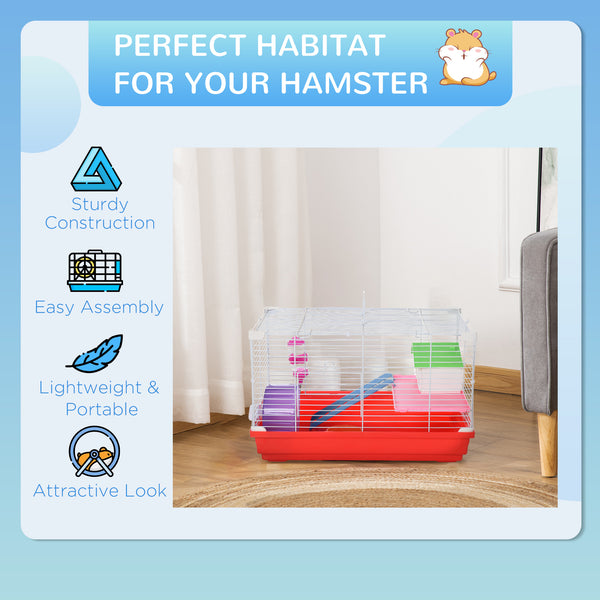 PawHut Hamster Cage: 18.5'' with Accessories, Rat House, 2-Story Design, Red, Small Pet Home |