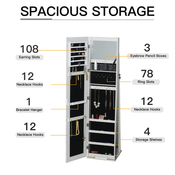 Jewelry cabinet with lockable mirror with LED lighting, white wood