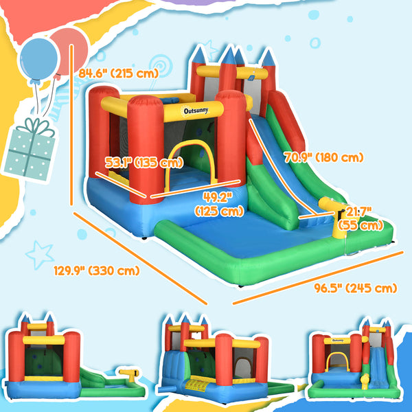 6-in-1 inflatable with trampoline, slide, water pool and climbing wall