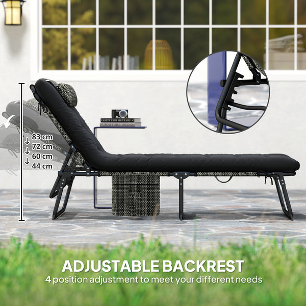 Set of 2 tanning chairs with cushion, side pocket, headrest, black