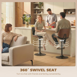 Set of 2 bar stools, swivel, with backrest, adjustable height, black