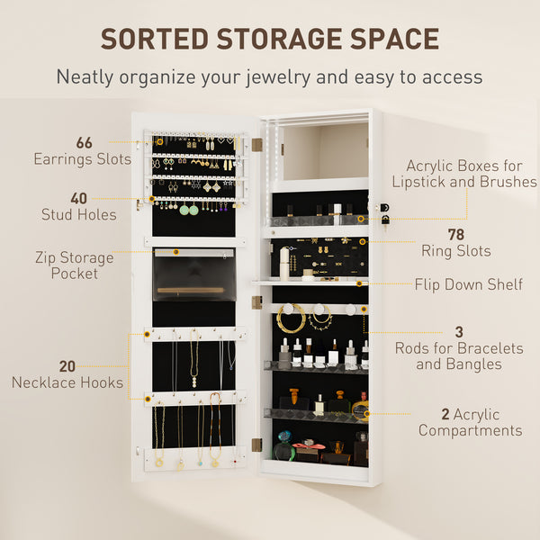 Jewelry cabinet with LED lighting and mirror, wall mounted, white