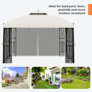 10 x 12 gazebo with double-pitched roof, removable mesh side panels and triangular shelves, beige 