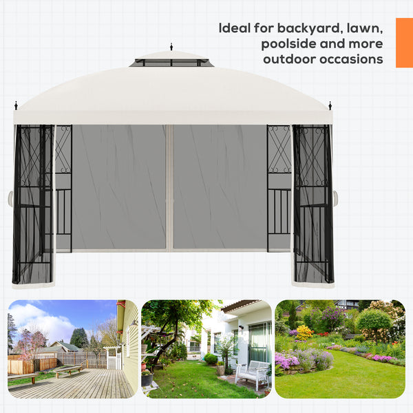 10 x 12 gazebo with double-pitched roof, removable mesh side panels and triangular shelves, beige 