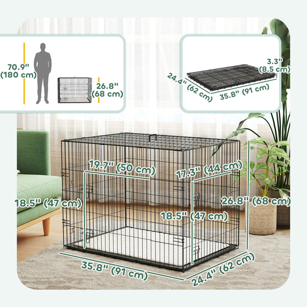 35" Dog Crate with 2 Doors, Folding Metal Dog Cage with Soft Cushion, Removable Tray, Handle, Black