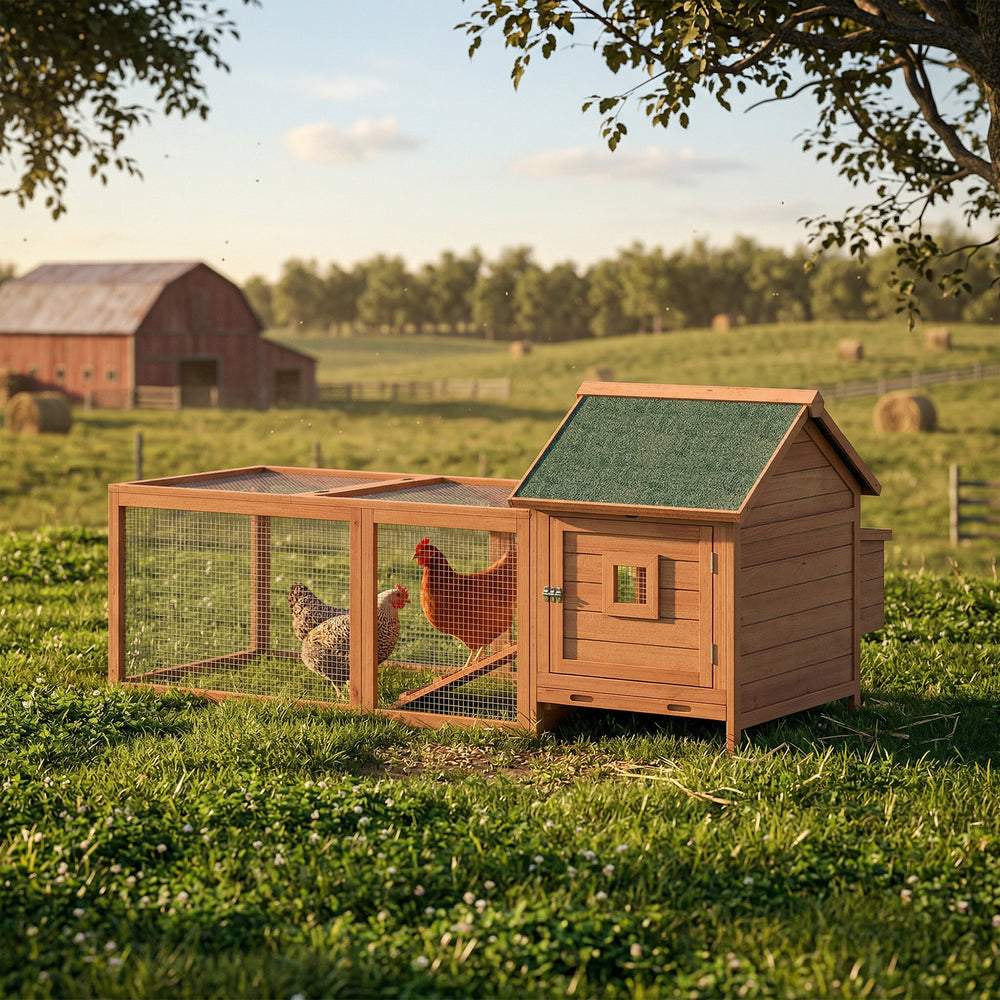 Wooden coop for 2 hens, cage with run, nesting box, removable tray and waterproof roof