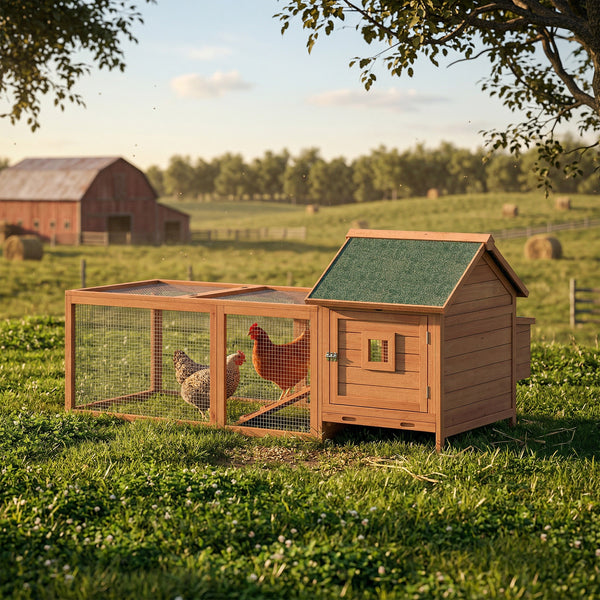 Wooden coop for 2 hens, cage with run, nesting box, removable tray and waterproof roof