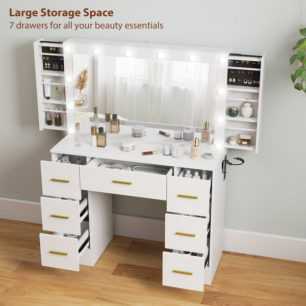 Dressing table with lighting, 7 drawers and 6 storage compartments, white