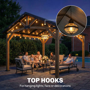 Rigid garden canopy with galvanized steel roof, fir wood frame and central patio hook, black and gray