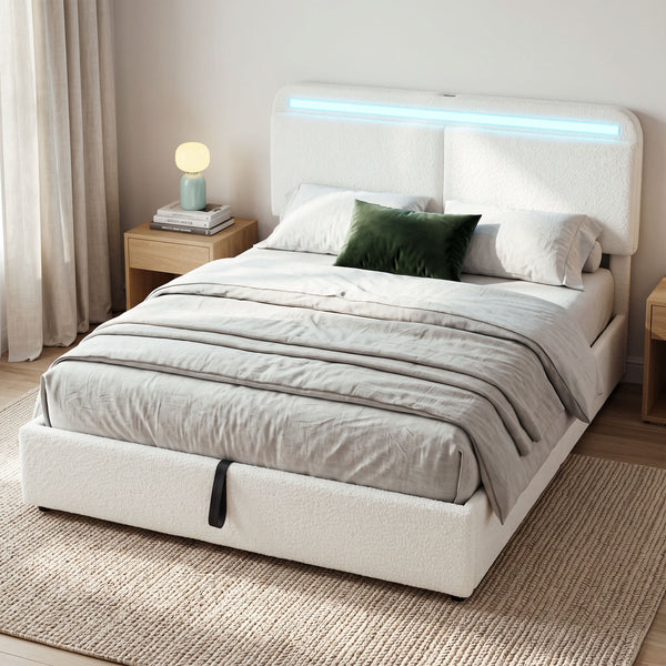 Queen Size Bed Frame with Charging Station, LED Lighting, Adjustable Headboard, White