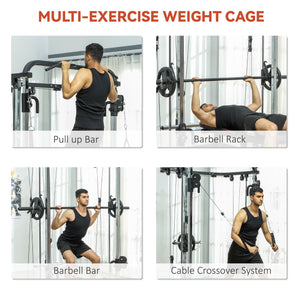 3-in-1 Squat Machine with Cable Crossover System, Pull-Up Station, 16-Level Squat Rack, and Barbell