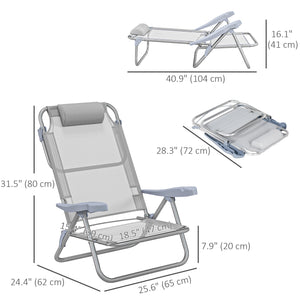 Set of 2 beach chairs, camping chairs with adjustable backrest and headrest, light gray