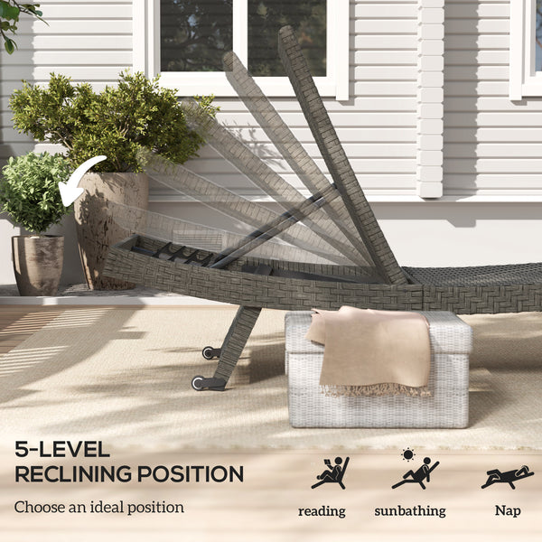 Outdoor Folding Rattan Lounge Chair with 5-Level Adjustable Backrest and Casters, Grey Melange