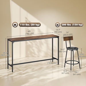 Bar table with 3 padded stools, rustic brown
