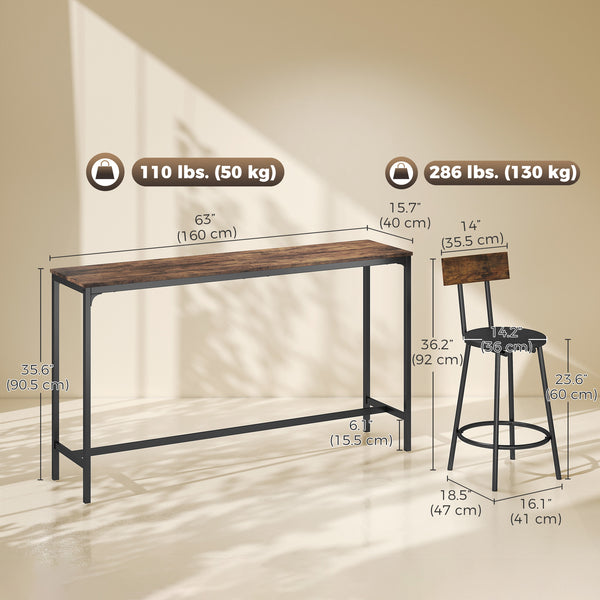 Bar table with 3 padded stools, rustic brown