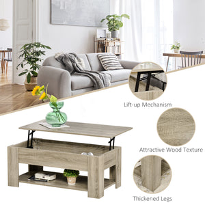 Lift-top coffee table with hidden storage compartment and open shelf, gray